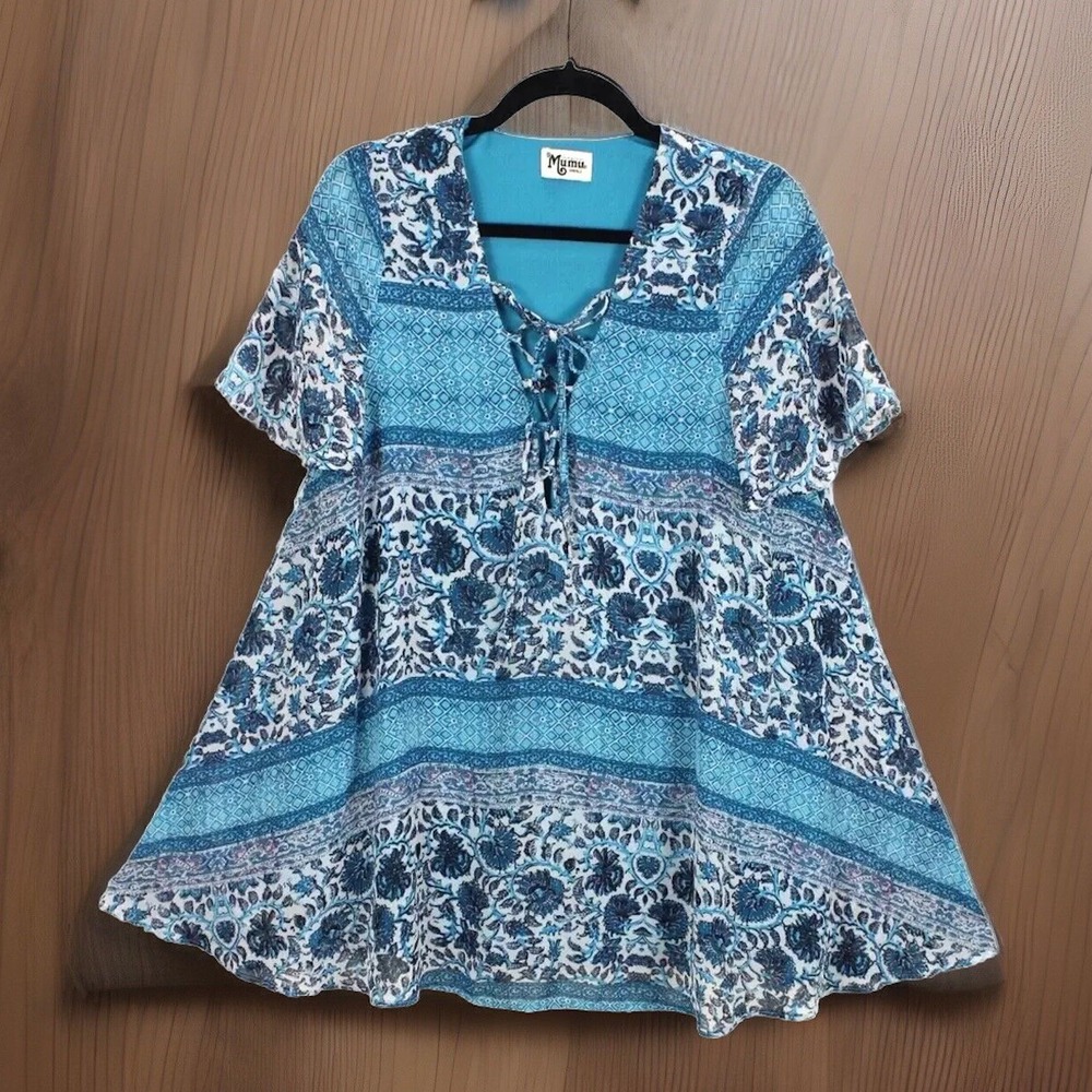 Show Me Your MuMu Tunic Size S‎ Blue Rancho Vista Lace Up Floral